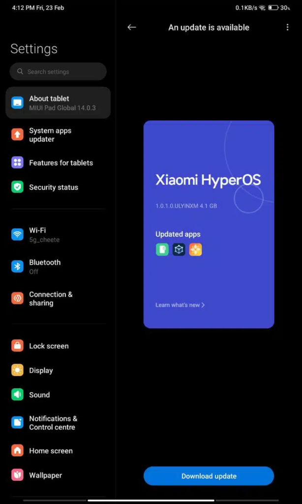 HyperOS update for Redmi Pad